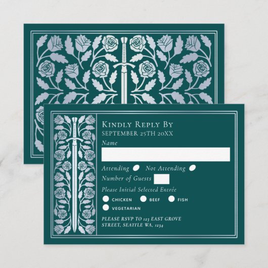 Silver Teal Medieval Sword Wedding RSVP (正面/裏面)