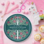 Silver Teal Royal Medieval Floral Sword Wedding  ペーパープレート (パーティー)