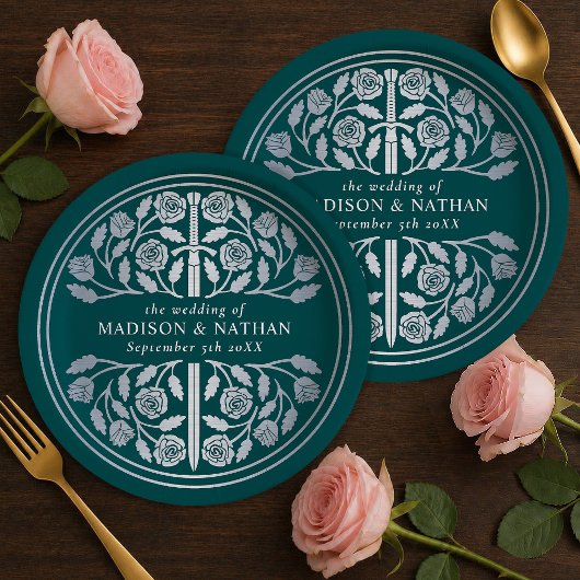 Silver Teal Royal Medieval Sword Wedding  ペーパープレート