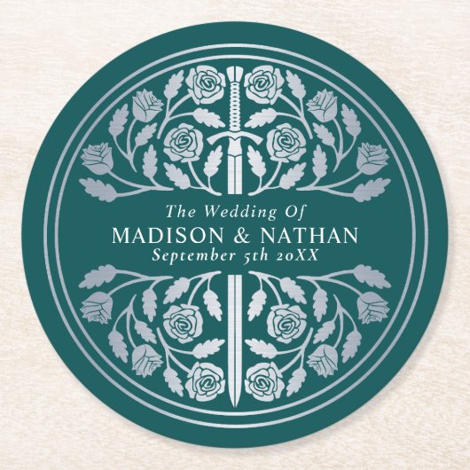 Silver Teal Royal Medieval Sword Wedding ラウンドペーパーコースター (正面)