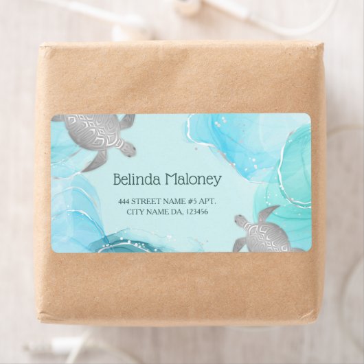 Silver Turtle Blue Ink Coastal QR Code ラベル (インサイチュ)