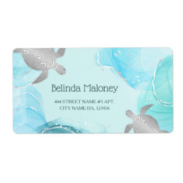 Silver Turtle Blue Ink Coastal QR Code ラベル