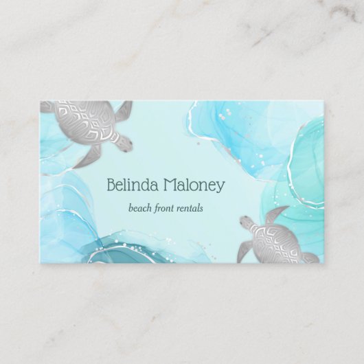 Silver Turtle Blue Ink Coastal QR Code 名刺 (正面)