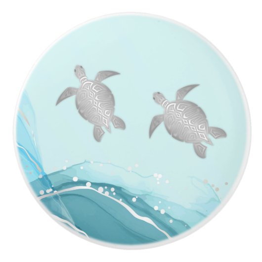 Silver Turtles Blue Ink Background | Coastal  セラミックノブ (正面)