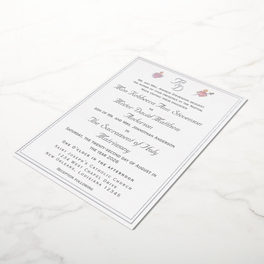 Silver Two Hearts Catholic Wedding Foil Invitation 箔招待状 (回転した状態)