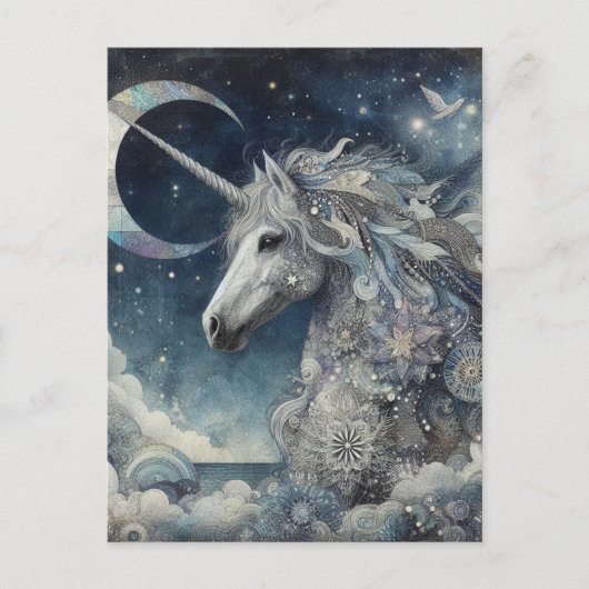 Silver Unicorn Collage With Moon ポストカード (正面)