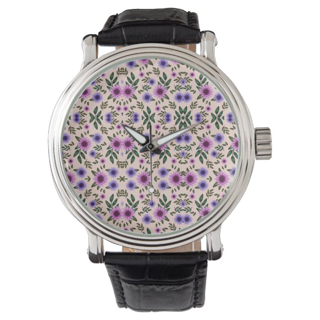 Silver watch with intricate purple and green  腕時計 (正面)