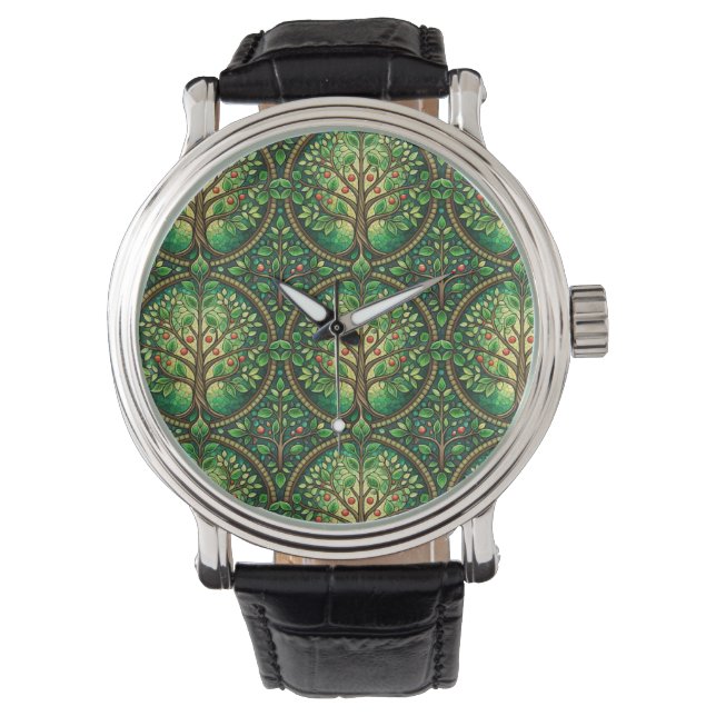 Silver watch with intricate tree design  腕時計 (正面)
