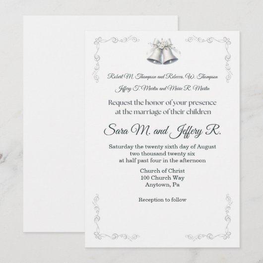Silver Wedding Bells Wedding Invitation 招待状 (正面/裏面)