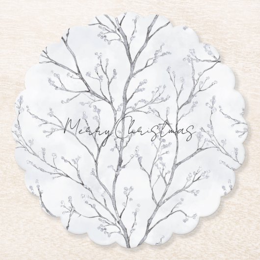 Silver White Christmas Winter Trees ペーパーコースター (正面)
