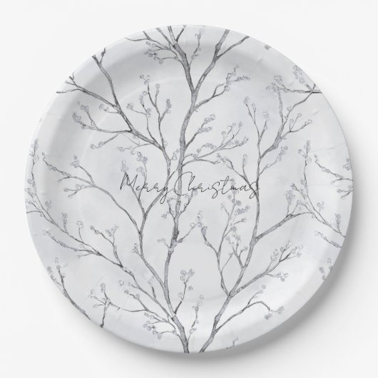 Silver White Christmas Winter Trees ペーパープレート (正面)