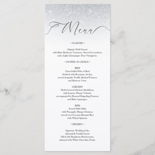 Silver White Damask Wedding Menu Card メニュー (正面)