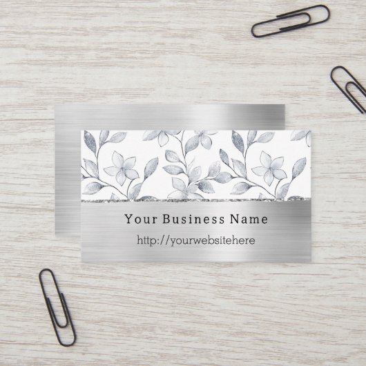 Silver White Floral Business name website 名刺 (正面/裏面インサイチュ)