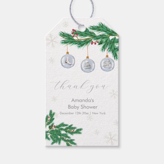 Silver Winter Clothesline Ornaments Baby Shower ギフトタグ (正面)