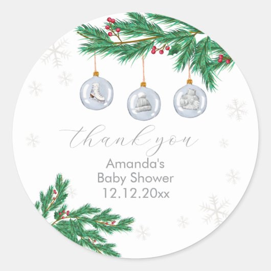 Silver Winter Clothesline Ornaments Baby Shower ラウンドシール (正面)