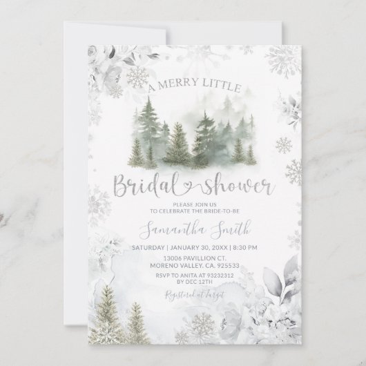 Silver Winter Pine Tree Merry Little Bridal Shower 招待状 (正面)