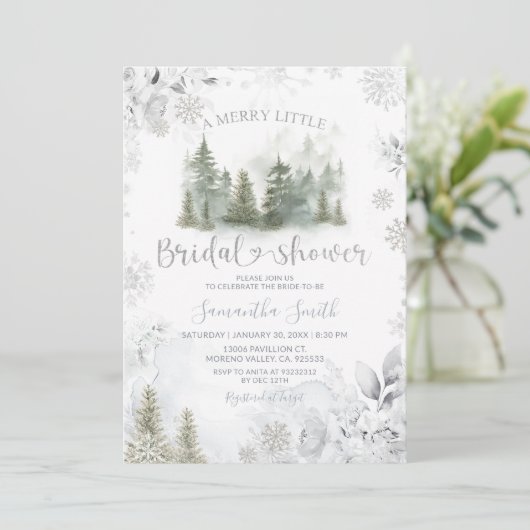 Silver Winter Pine Tree Merry Little Bridal Shower 招待状 (スタンド正面)