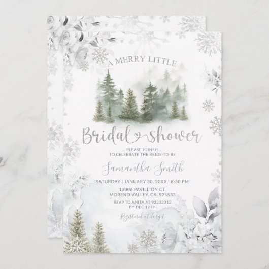 Silver Winter Pine Tree Merry Little Bridal Shower 招待状 (正面/裏面)