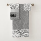 Silver Zebra Print Glitter Personalized バスタオルセット (インサイチュ)