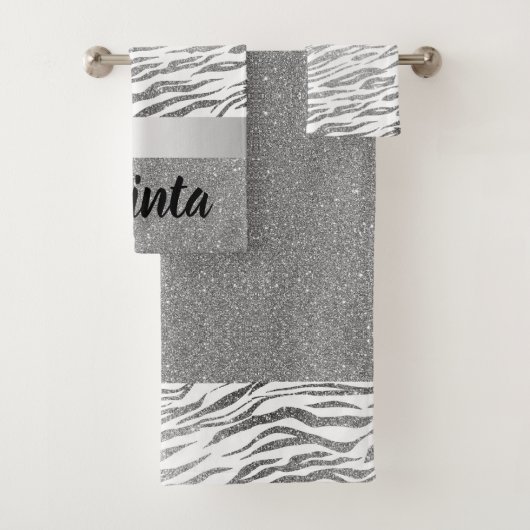 Silver Zebra Print Glitter Personalized バスタオルセット (インサイチュ)