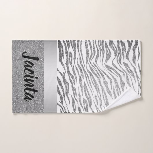 Silver Zebra Print Glitter Personalized バスタオルセット (ハンドタオル)