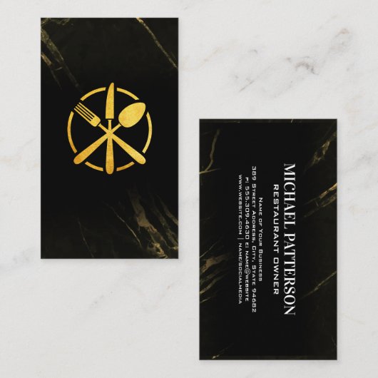 Silverware金ゴールドロゴ |黒い大理石 名刺 (正面/裏面)