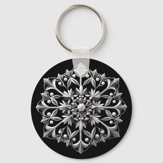 Silvery Snowflake on Black キーホルダー (正面)