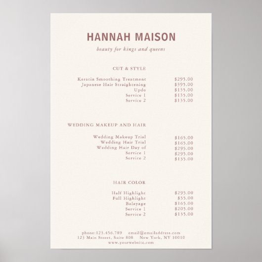 Simpel、モダンプロフェッショナル、サロン、価格表 ポスター (正面)