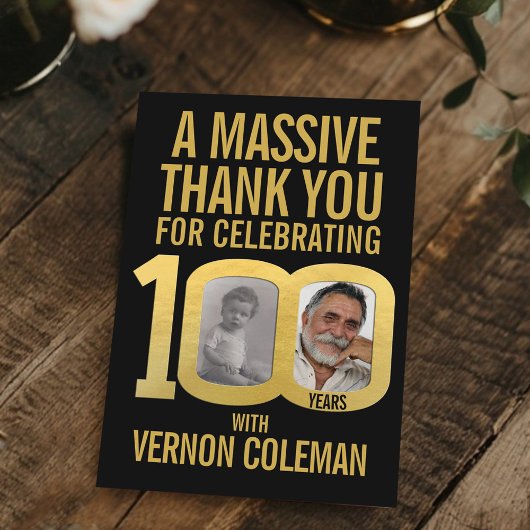 Simple 100th birthday photo black and gold  サンキューカード