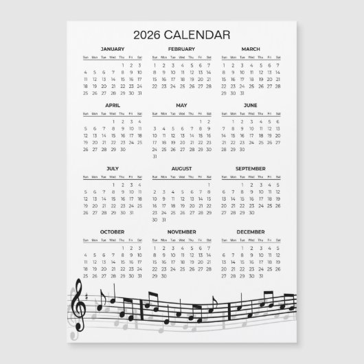 Simple 2026 Calendar with Musical Notes | Magnet (正面)