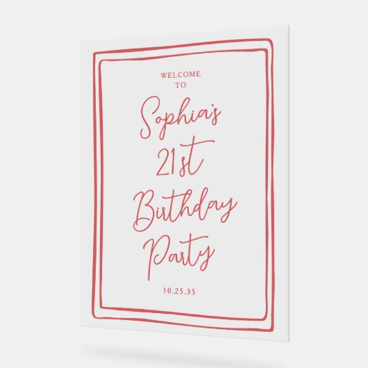 Simple 21st Birthday Hand drawn Script Red アクリルサイン (傾斜)