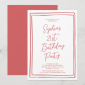 Simple 21st Birthday Hand drawn Script Red 招待状 (正面/裏面)