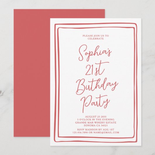 Simple 21st Birthday Hand drawn Script Red 招待状 (正面/裏面)