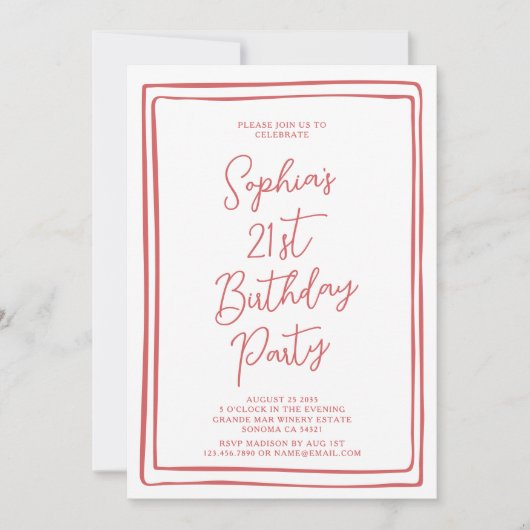 Simple 21st Birthday Hand drawn Script Red Photo 招待状 (正面)