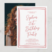 Simple 21st Birthday Hand drawn Script Red Photo 招待状 (正面/裏面)