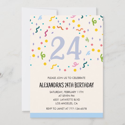 Simple 24th birthday invitations Confetti Modern 招待状 (正面)