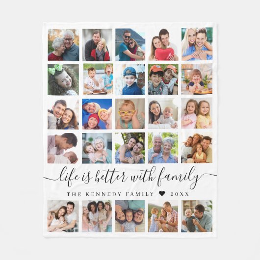 Simple 25 Photo Collage Life Quote Family Name フリースブランケット (正面)