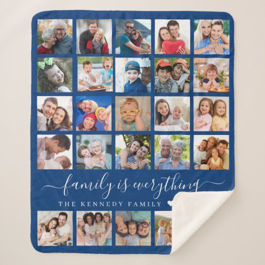 Simple 25 Photo Collage Quote Family Name Blue シェルパブランケット (正面)