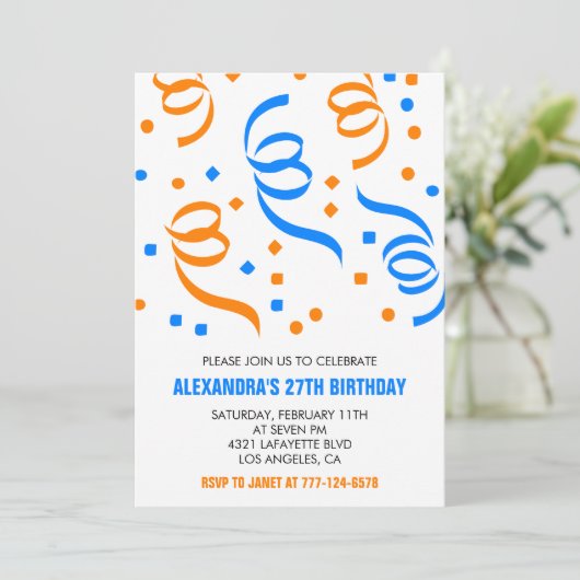 Simple 27th birthday invitations Confetti Blue 招待状 (スタンド正面)