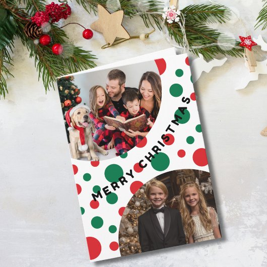 Simple 2 Photo Christmas Green and Red Dots カード