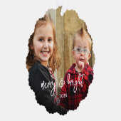 Simple 2 Photo Merry Christmas Holiday Name Modern オーナメントカード (右)