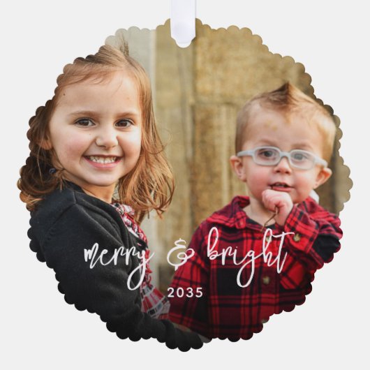 Simple 2 Photo Merry Christmas Holiday Name Modern オーナメントカード (正面)