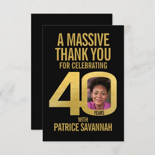 Simple 40th birthday photo black and gold  サンキューカード (正面/裏面)