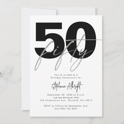 Simple 50 and Fabulous Black 50th Birthday Party 招待状 (正面)