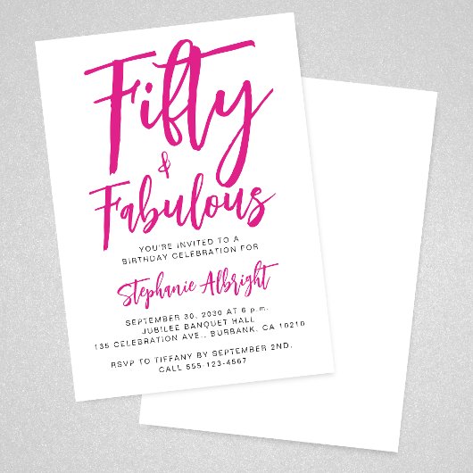 Simple 50 and Fabulous Pink 50th Birthday Party 招待状