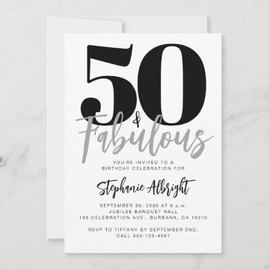 Simple 50 and Fabulous Script 50th Birthday Party 招待状 (正面)