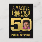 Simple 50th birthday photo black and gold サンキューカード (正面)