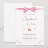 Simple and Elegant Pink Bow 1st Birthday 招待状 (正面/裏面)