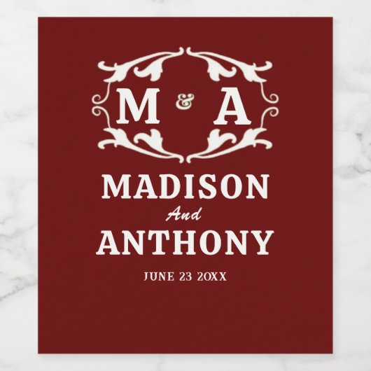 Simple and Elegant Sage Monogram Wedding ワインラベル (シングルラベル)