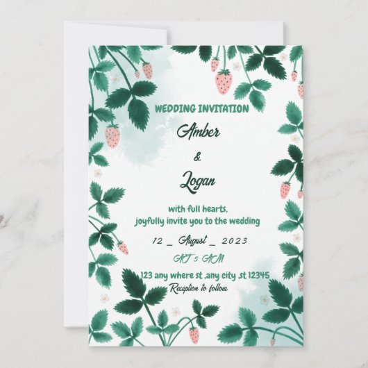 Simple and elegant strawberry wedding invitation 招待状 (正面)